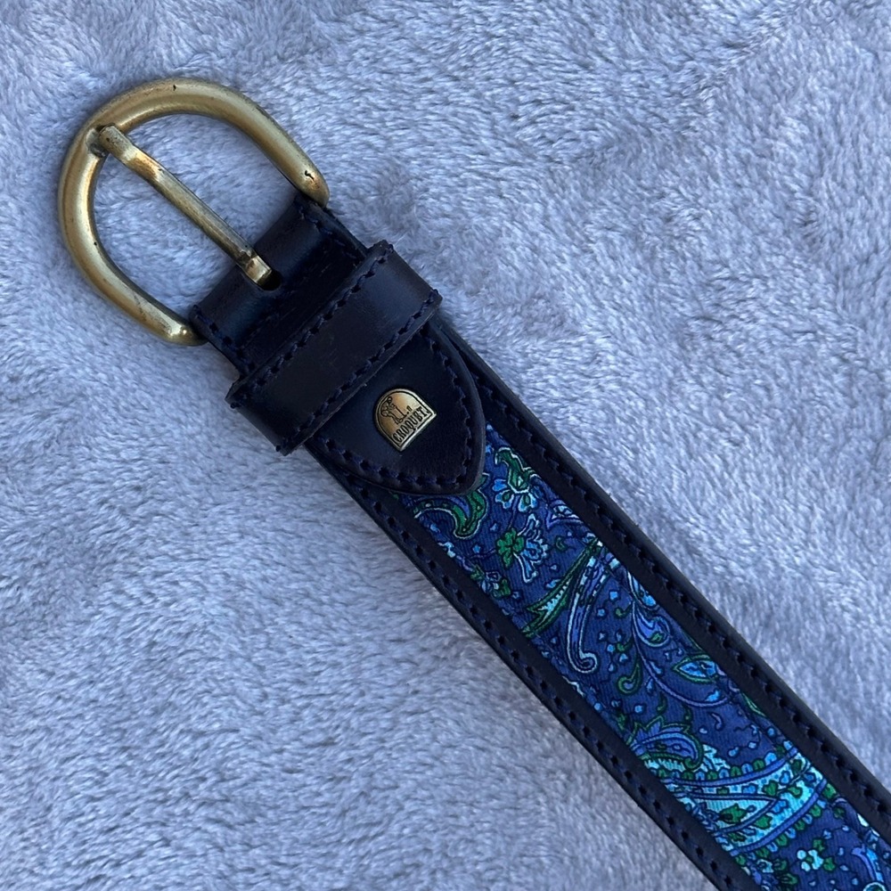 Vintage Croquet Black Leather Paisley Blue Fabric Belt Brass Buckle 36"-37"
